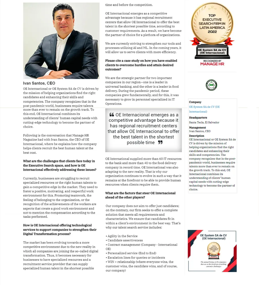 Página original de la revista Manage HR con la entrevista a Ivan Santos, CEO, 2022