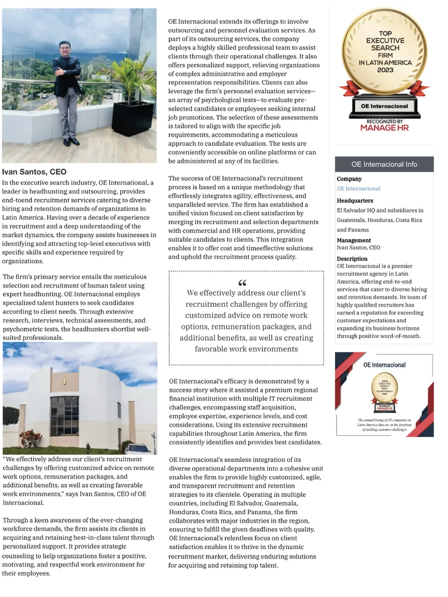 Página original de la revista Manage HR con el reportaje a OE Internacional 2023